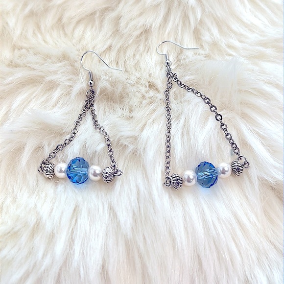 Stunning Chain Earrings Czech Blue Sapphire 8mm Round Faceted Beads+Pearl+Beaded - Picture 8 of 16